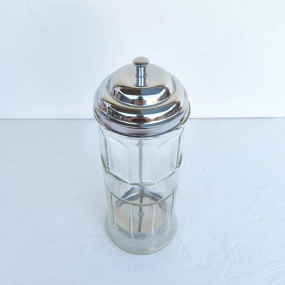 TABLE CRAFT | Vintage Glass Straw Dispenser Jar with Silver Lid & Handle